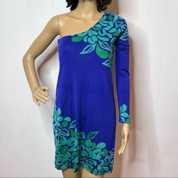 Lilly Pulitzer Dress S Modern One Sleeve Bare Shoulder Purple Aqua Jersey Silk - Picture 1 of 7